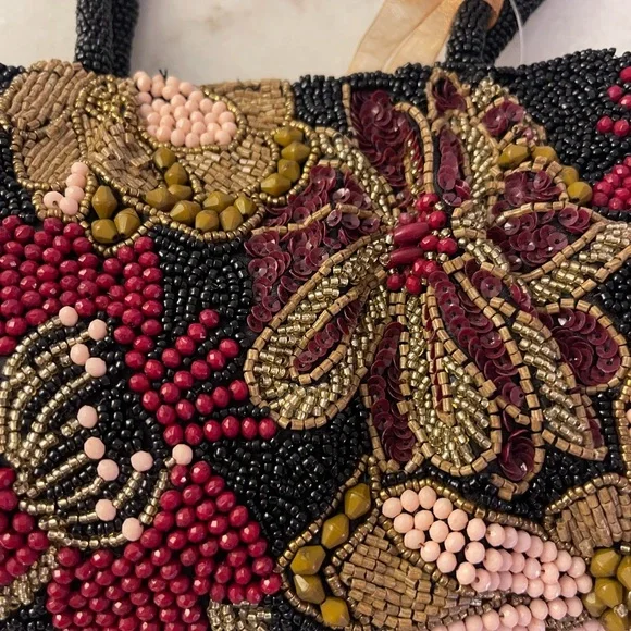 HARVEST FIELD Beaded Floral Clutch in Black and Pink!! New